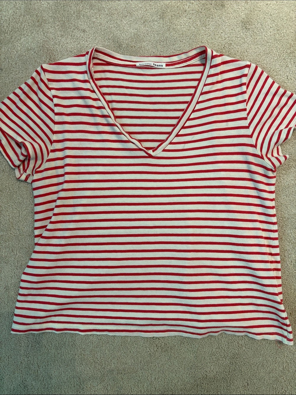 Reformation Red and White Striped V-Neck Tee